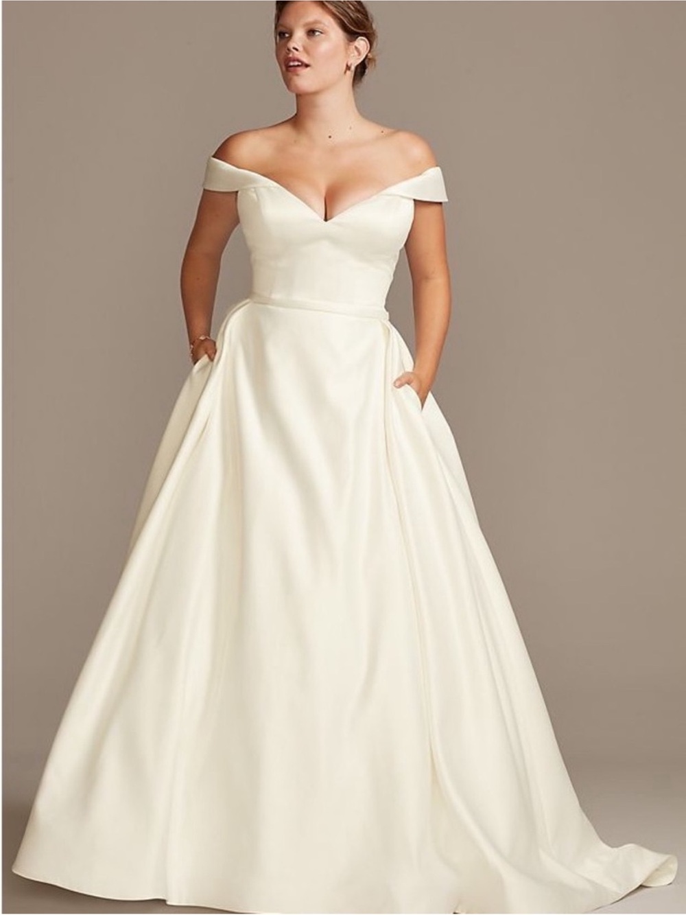 Off-the-Shoulder Ivory A-Line Wedding Dress David’s Bridal